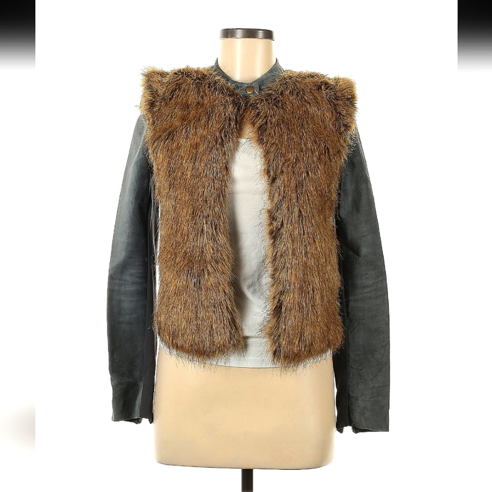 NWT Cynthia Vincent Slate Blue Leather Silk Faux Fur Jacket Size 8